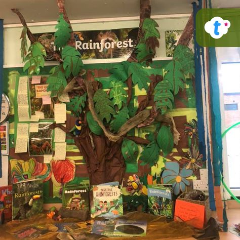 Rainforest Display Classroom, Rainforest Display Ks2, Rainforest Display, Kindergarten Centres, Rainforest Classroom, Rainforest Trees, Interactive Classroom, 3d Tree, School Displays