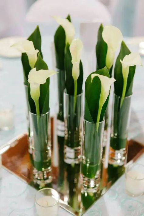 a chic wedding centerpiece of a mirror with glasses and a single calla lily in each is amazing for an elegant wedding Lily Centerpieces, Calla Lily Wedding, Flower Arrangements Simple, Modern Flower Arrangements, Orange Garland, Stovetop Potpourri, Flower Arrangements Diy, Fresh Flowers Arrangements, Vase Arrangements