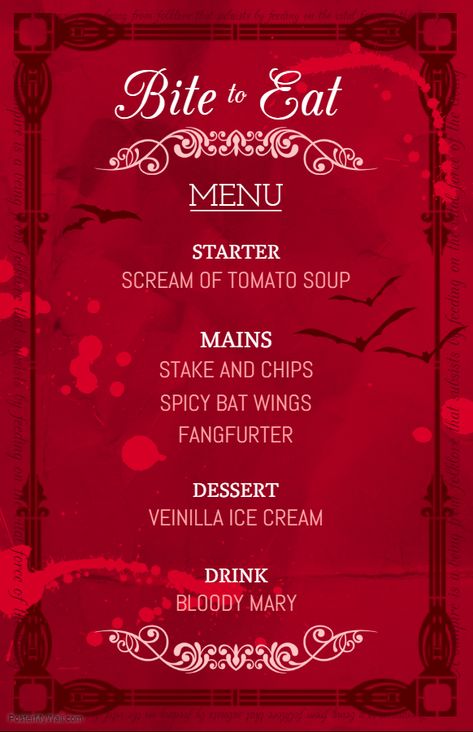 Blood red Halloween themed cocktail menu design template Halloween Menu Ideas, Halloween Food Menu, Halloween Themed Dinner, Cocktail Menu Design, Dracula Book, Wine And Coffee Bar, Menu Halloween, Menu Cafe, Spooky Cake