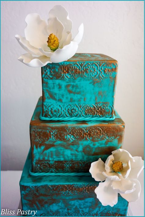 Your Wedding in Colors: Teal and Copper Teal Wedding Cakes, Teal And Copper Wedding, Wedding Colors Teal, Deep Teal Wedding, Copper Wedding Cake, Copper Colour Palette, Teal Wedding Cake, Teal Cake, Teal And Copper