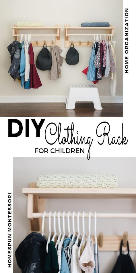 This minimalist wall-mounted clothing rack with shelf costs only $15 dollars to build. It's perfect in Montessori-inspired bedrooms for fostering independence in dressing. Visit www.freeandunfettered.com for the complete tutorial. Diy Clothing Rack, Wall Mounted Clothing Rack, Decoration Hall, Childrens Wardrobes, Diy Clothes Rack, Montessori Bedroom, Montessori Room, Clothes Closet Organization, Kid Closet