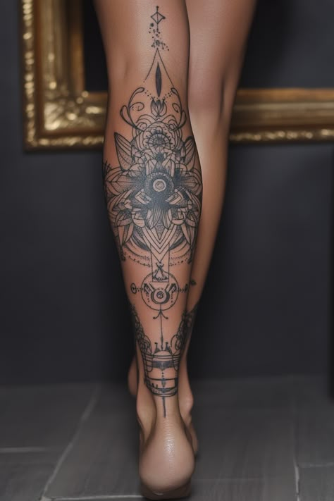 Stunning Leg Sleeve Tattoos: 13 Ideas For Women Check more at https://ideatatto.com/female/stunning-leg-sleeve-tattoos-13-ideas-for-women/ Leg Sleeves Mandala, Half Leg Tattoos Women, Foot Sleeve Tattoo, Mandala Tattoo Leg Sleeve, Tattoo Ideas Female Half Sleeve, Geometric Leg Sleeve, Tattoo Lower Leg, Tattoo Bein Frau, Ankle Foot Tattoo