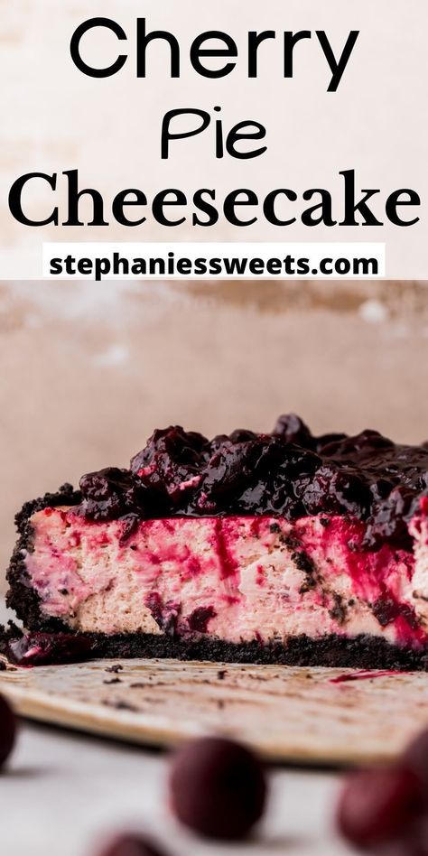 This cherry cheesecake has an Oreo crust and is topped with a homemade cherry pie filling. The creamy cheesecake is full of cherry pie filling in the batter.