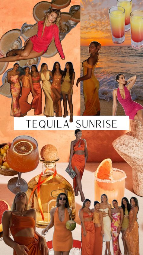 Tequila Sunrise Mood Board, Cancun Themed Party, Bachelorette Party Ideas Miami, Playa Del Carmen Bachelorette Party, Tequila Sunset Bachelorette Outfits, Vacation Theme Nights, Bachelorette Day Themes, Beach Party Theme Outfit, Ibiza Bachelorette Party