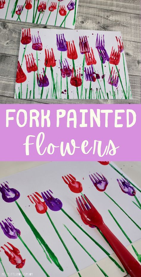 Fork painting for kids. Fork flower painting. Growing Gardens Crafts For Toddlers, Fork Painting For Kids, Fork Painting, Process Art For Kids, Process Art Preschool, Fork Crafts, Preschool Rules, Preschool Painting, Fork Art