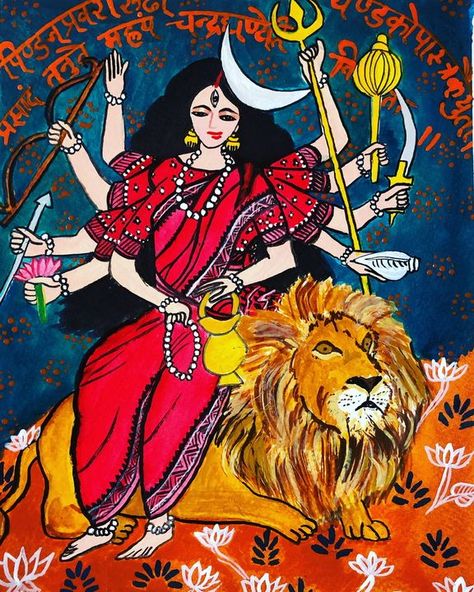 Goddess Chandraghanta, Painting Of Goddess, Mandala Doodle, Durga Painting, Goddess Durga, Pichwai Paintings, Tea Coaster, Durga Goddess, Hindu Deities