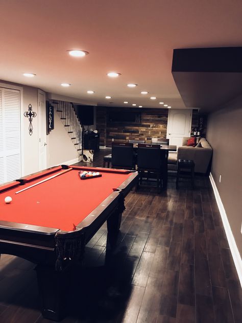 Narrow basement #mancave with 7ft burgundy #pooltable from pool tables.com (spencer marathon). #Pallet #wood accent wall via home Grown Philly. Small Basement Pool Table Room Ideas, Music Basement, Basement Mancave, Man Cave Bar Diy, Narrow Basement, Man Cave Basement Diy, Classy Man Cave, Basement Diy, Family Den