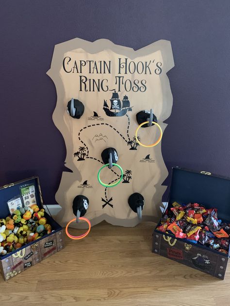 Pirate Trick Or Trunk Ideas, Trunk Or Treat Ideas For Cars Peter Pan, Captain Hook Ring Toss, Pirate Themed Trunk Or Treat Ideas, Pirate Ring Toss, Peter Pan Themed Trunk Or Treat, Pirates Trunk Or Treat, Trunk Or Treat Peterpan, Trunk Or Treat Ideas For Cars Pirate