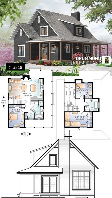 Gray Farmhouse Exterior, Farmhouse Cottage House Plans, Basement House Plans, Small Cottage Homes, French Country House Plans, House Plans One Story, Mini Houses, Houses Plans, Casas The Sims 4