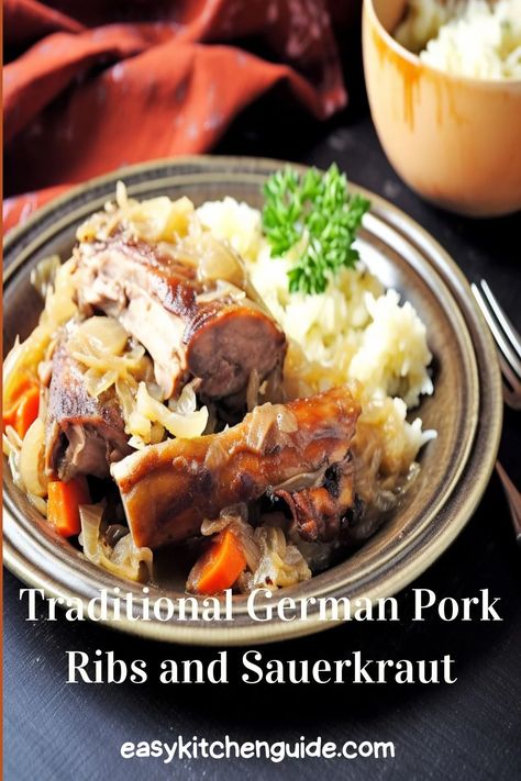 Learn how to make traditional German pork ribs and sauerkraut the authentic way! All you need is this easy recipe guide that will teach you how to re-create a classic dish. Country Style Pork Ribs And Sour Kraut, Beef Short Ribs With Sauerkraut, Spareribs And Sauerkraut In Crockpot, Sauerkraut And Ribs, Pork Ribs And Sauerkraut Crockpot, Pork And Sour Kraut Recipes, Country Ribs And Sauerkraut, Spare Ribs And Sauerkraut, Pork Ribs And Sauerkraut