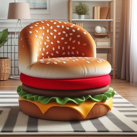 Whimsical Whopper: Add Flavor to Your Space with a Cheeseburger Chair Cheeseburger Lounge Chair 🍔🪑🌟 #BurgerSeating #FastFoodComfort #DeliciousDesign Sink into comfort with the Cheeseburger Lounge Chair. This unique seating option takes inspiration from everyone's favorite fast food indulgence, offering a cozy and whimsical spot to relax. Elevate your lounging experience with the Cheeseburger Lounge Chair, where every sit-down feels like a delicious escape into comfort. 🍟🍔🛋️ https://luxarts.... Fun Lounge Chair, Furniture Shaped Like Food, Burger Costume, Crazy Furniture, Food Furniture, Unique Chairs, Weird Furniture, Unique Seating, Unusual Furniture