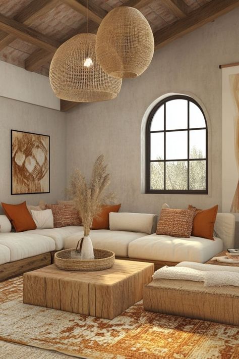 Bring Mediterranean charm to your home with modern, earthy decor and natural materials. #MediterraneanDecor #LivingRoomStyle #EarthyTones Coastal Mediterranean Decor, Modern Spanish Living Room, Modern Mediterranean Living Room, Mediterranean Wall Decor, Spanish Living Room, Coastal Mediterranean, Mediterranean Wall, Mediterranean Living Room, Earthy Decor