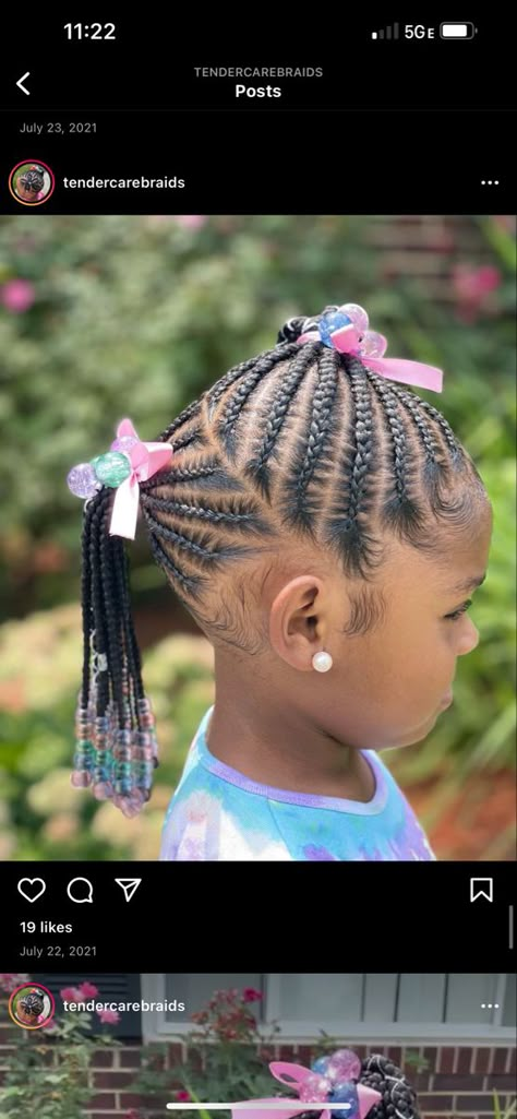 Toddler Braiding Hairstyles Girl, Toddler Braided Ponytail With Beads, Kiddie Braid Styles, Hairstyles Toddler Girl Black, Toddlers Braids Hairstyles, Toddler Stitch Braids, Toddler Girl Cornrow Hairstyles, Toddler Braid Styles With Beads, Braids Toddler Girl