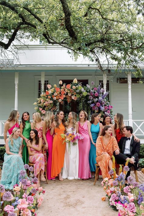 Colorful wedding day inspiration at Mattie's in Austin, Texas | Luxury wedding details and stationery design. | Owl & Envelope Rainbow Bridesmaids, Colorful Backyard, Wedding Palettes, Wildflower Wedding Theme, Multicolor Wedding, Bright Wedding Colors, Dress Code Wedding, Beach Wedding Inspiration, Bright Wedding