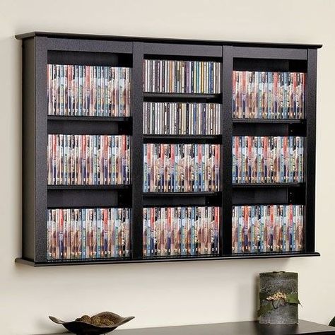 Prepac Floating Wall Triple Media Storage, Black Mounted Bookshelves, Diy Dvd Storage, Cd Racks, Diy Dvd, Dvd Organization, Unique Bookshelves, Wall Mounted Storage Shelves, Wall Storage Cabinets, Media Shelf