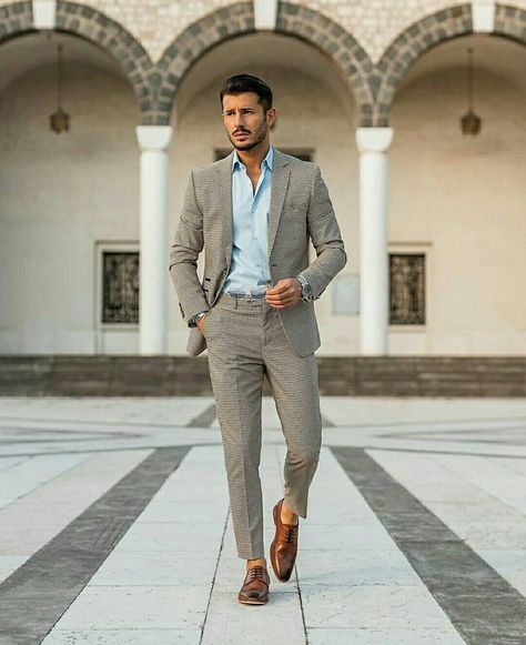 FASHION | MENSWEAR | LIFESTYLE on Instagram: “"I often take a brand new suit or hat and throw it up against the wall a few times to get that stiff, square newness out of it." -- Fred…” Grey Suit Brown Shoes, Brown Shoes Outfit, Gray Suit, Gray Weddings, Brown Shoe, Mens Suits, Wedding Shoes, Mens Pants, Lifestyle