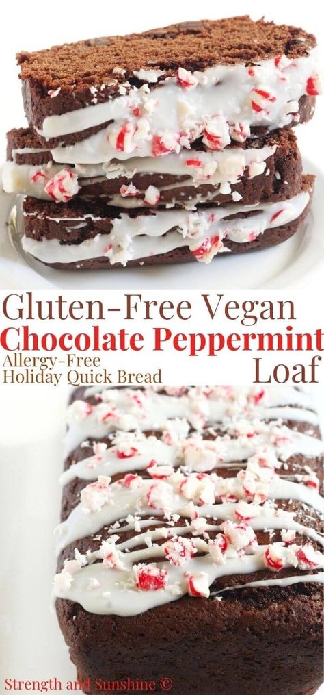 Gluten-Free Chocolate Peppermint Bread (Vegan, Allergy-Free) | Strength and Sunshine | Rich and moist Gluten-Free Chocolate Peppermint Bread is a must-have holiday treat! This sweet chocolaty loaf is vegan, allergy-free, and perfect for gifting! Made with cocoa powder and chocolate chips, peppermint extract, and a simple peppermint icing with crushed candy cane pieces! This easy quick bread recipe is better than the Trader Joe's baking mix! Christmas Desserts Vegan Gluten Free, Gluten Free Heart Healthy Recipes, Vegan Quick Bread Recipes, Gluten Free Dairy Free Christmas Recipes, Vegan Gluten Free Christmas Desserts, Gluten Free Christmas Desserts Easy, Christmas Gluten Free Desserts, Gluten Free Brown Bread Recipe, Peppermint Bread