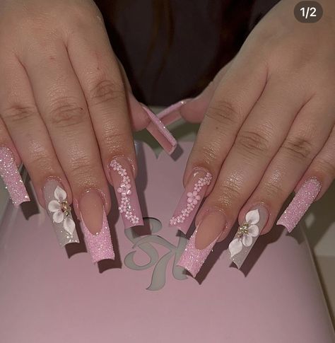 Pink Nail Birthday Set, Birthday Nails 3d Flowers, Pink French Tip Nails With Diamonds, Pink Nails For Baby Shower Girl, Pink Nails Birthday Set, Baby Pink Birthday Nails, Pink Baby Shower Nails, Nails Quinceanera, Xv Nails