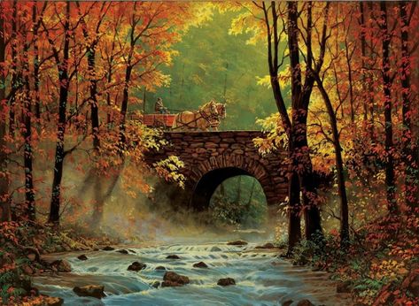 Autumn Bridge, Autumn Tale, Horse Wagon, Landscape Autumn, Bridge Painting, Underwater Painting, Thanksgiving Art, Horse Artwork, Stone Bridge