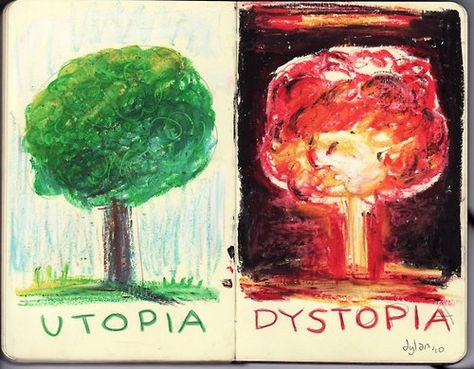 Cool artwork showing the difference between Utopias and Dystopias Utopia Vs Dystopia, Utopia Dystopia, Dystopian Literature, Dystopian Society, Dystopian Fiction, Pale Horse, Fahrenheit 451, Dystopian Novels, Speculative Fiction