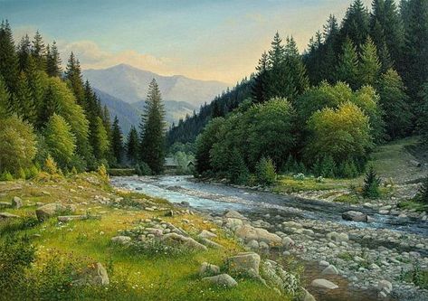 Artist: Ivan Petriv. Mountain river #Realism #Mountainpainting #Summermountainlandscape #Oilpainting #Paintinfs #Oiloncanvas #Impresionist #Naturart #Art #Handmade #Original #Mountainrealism Painting Realism, Large Landscape Painting, Mountain Painting, Landscape Mountain, Art Village, Mountain River, Realism Painting, Landscape Paintings Acrylic, Large Canvas Art