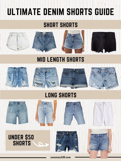 Ultimate denim shorts guide, jean shorts, denim shorts styles, short shorts, mid length shorts, long shorts, bermuda shorts, shorts under $50, best shorts for summer, summer style. Shorts Mid Length, Agolde Shorts, Denim Refashion, Types Of Shorts, Denim Shorts Style, Dresses By Pattern, Summer Shorts Outfits, Mid Length Shorts, Vision Board Ideas