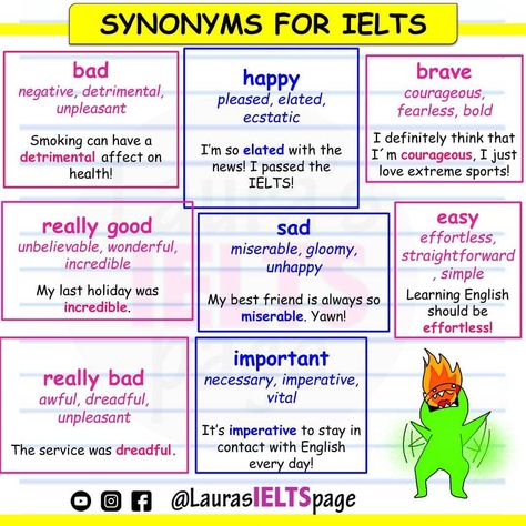 LaurasIELTSpage’s Instagram post: “Improve your vocabulary for IELTS with synonyms. _______________________________ _______-----______------________------…” Synonyms For Ielts, Vocabulary For Ielts, Ielts Speaking, Improve Your Vocabulary, English Language Teaching, English Vocabulary Words Learning, Language Teaching, English Vocabulary Words, I Passed