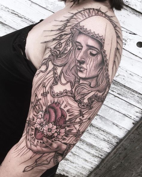 Lady of Sorrows sleeve tattoo design by @scragpie Mother Mary Tattoos, Lowrider Tattoo, Soft Tattoo, Lady Of Sorrows, Tattoos Inspo, Samantha Smith, Small Chest Tattoos, Mary Tattoo, Dragon Sleeve Tattoos