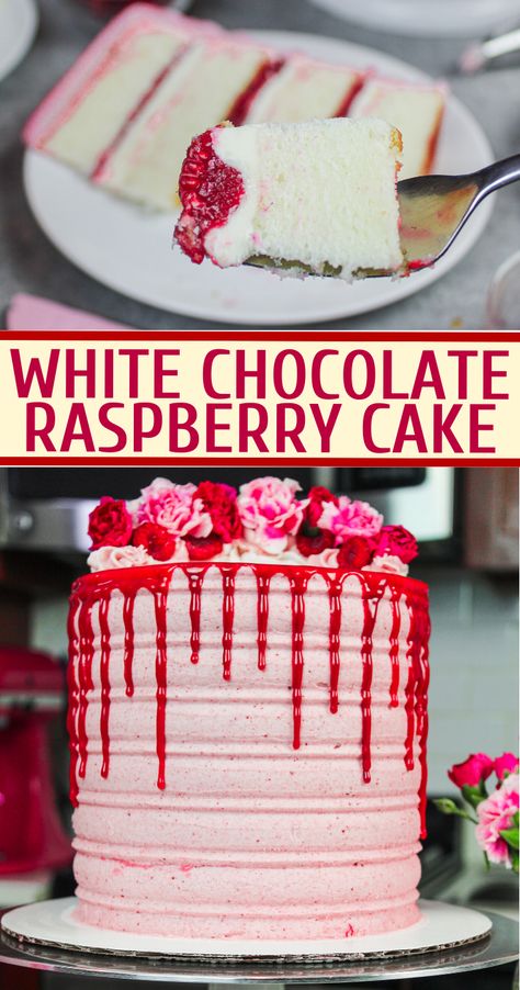 Fluffy White Cake, Chocolate Raspberry Cake Recipe, Tart Raspberry, White Chocolate Raspberry Cake, Raspberry Cake Recipes, Classic Birthday, Cake Delicious, White Buttercream, Chocolate Raspberry Cake