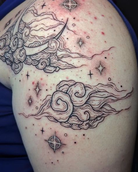 Clouds And Stars Tattoo, Cloud Tattoo Design, Emo Tattoos, Night Tattoo, Moon And Clouds, Celestial Tattoo, Clever Tattoos, Cloud Tattoo, Tattoo Project