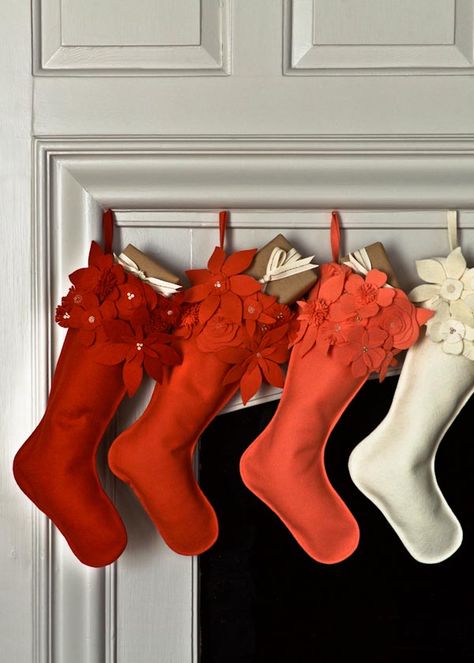 winter-flower-christmas-stockings-600-34 Christmas Stocking Template, Christmas Stocking Tutorial, Felt Baby Shoes, Family Christmas Stockings, Felt Christmas Stockings, Flower Christmas, Christmas Stockings Diy, Felt Stocking, Stocking Pattern