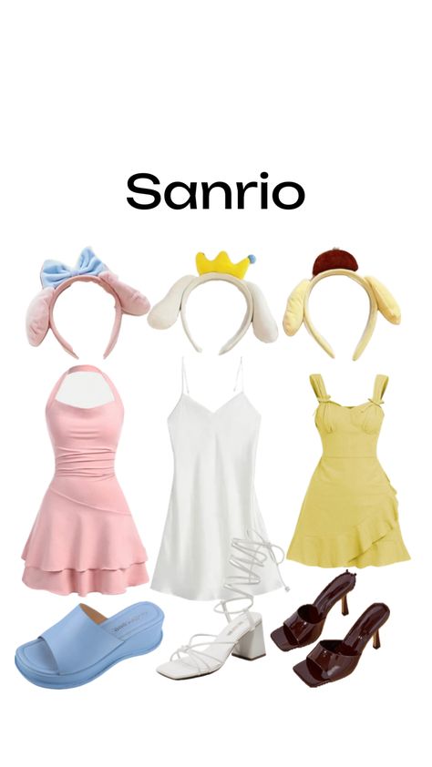 Sanrio Group Halloween Costumes  #fashion #holloween #outfits Halloween Costumes With Friends, Sanrio Dress, Halloween Costumes Trio, Halloween Costumes Fashion, Fun Halloween Outfits, Sanrio Outfits, Halloween Trio, Sanrio Halloween, Trio Costumes