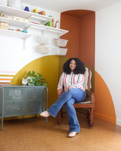 Amanda | Dwell Aware | DIY on Instagram: “Gentle 🖤 Is creating ever a form of self-care for you? This year I have been learning in deeper ways how to be truly gentle with myself.…” Mcm Mural, 70s Mural, Corner Mural, Closet Mural, 70s Wall Mural, Groovy Room, Narrow Closet, Indian Room, Ikea Finds