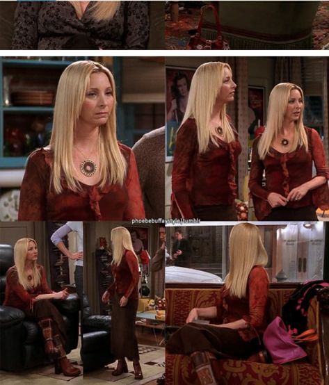 Phoebe Buffay Outfits Aesthetic, Phebeo Buffay Style, Iconic Phoebe Buffay Outfits, Edgy Grandma, Pheobe Buffay Outfit Style, Phoebe Outfits, Phoebe Core, Lisa Kudrow Friends, Red Canary