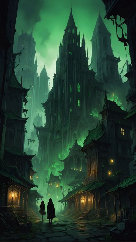 Emerald City Aesthetic, Castle Houses, Green Kingdom, Green Castle, Elf Drawings, Steampunk Stuff, Green Illustration, Magic Places, Fantasy Town