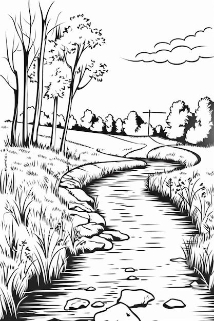 River Drawing, Grass Drawing, Water Drawing, White Drawing, Clipart Black And White, Black And White Drawing, Card Tutorials, Pencil Art, Trees To Plant