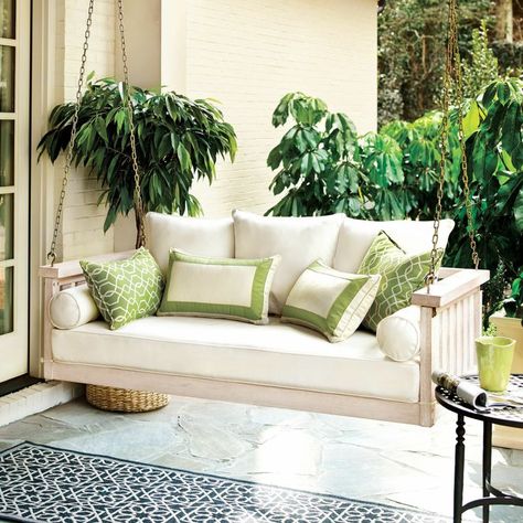 Sunroom Inspiration - Finding Silver Pennies Bed Swing, Deep Seat Cushions, Diy Holz, Replacement Cushions, Ballard Designs, Porch Swing, Outdoor Cushions, Green And White, Porch Decorating