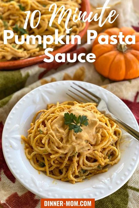 Make Creamy Pumpkin Pasta Sauce to serve over spaghetti or to give your favorite recipes a fall twist! This delicious sauce takes 10 minutes to make and uses pantry staples. It can be frozen for autumn-inspired dinners all year long. Pumpkin Pasta Sauce Recipe, Creamy Pumpkin Pasta, Pumpkin Pasta Sauce, Pumpkin Pasta, Vegetarian Sides, One Pot Dinners, Pasta Dinner Recipes, Autumn Inspired, Vegetarian Dinners