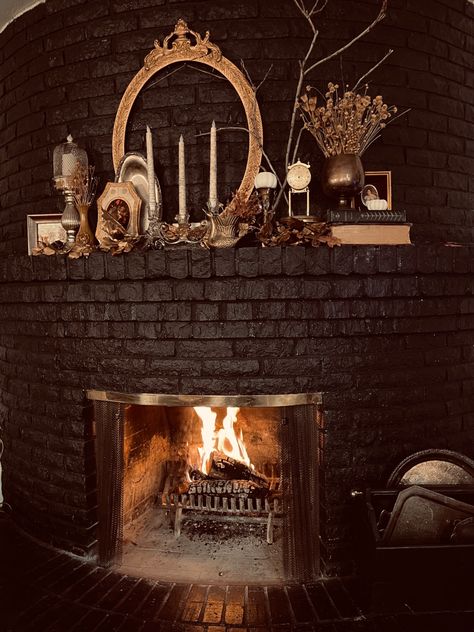 Moody Fireplace Mantle Decor, Moody Fireplace Mantle, Dark Fireplace Mantle Decor, Moody Fireplace Decor, Dark Academia Mantle, Dark Academia Fireplace Mantle, Moody Brick Fireplace, Moody Antique Decor, Victorian Mantle Decor