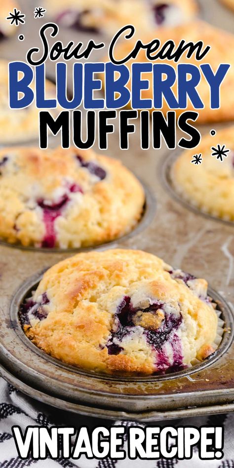 Blueberry muffins with sour cream are super moist and packed with juicy blueberries in every bite, perfect for breakfast or a snack. Blueberry Muffins With Sour Cream, Blueberry Sour Cream Muffins, Muffins With Sour Cream, Sour Cream Blueberry Muffins, Sour Cream Muffins, Blueberry Muffin Recipe Easy, Breakfast At Home, Homemade Blueberry Muffins, Best Blueberry Muffins