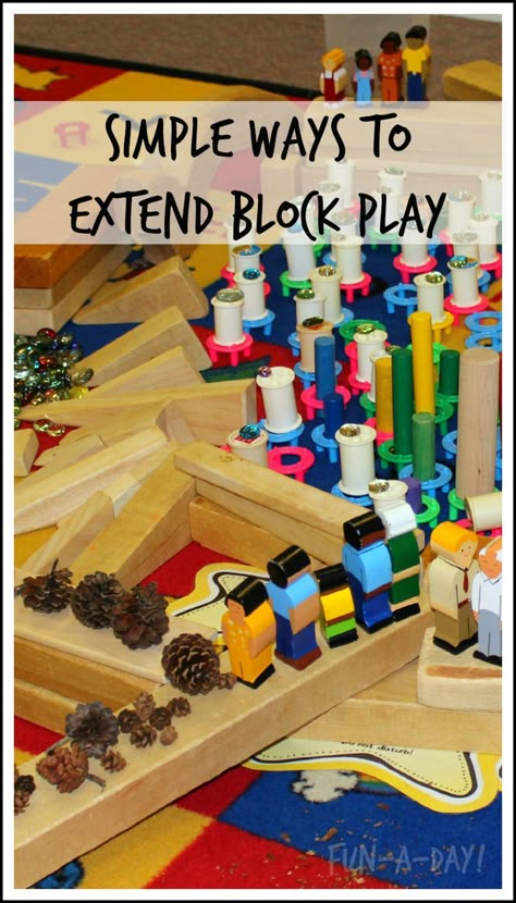 Simple ideas for extending block play at home and school from Mary Catherine #ECE #blocks Block Corner Ideas, Block Ideas For Preschool, Block Center Activities Preschool, Block Play Early Years, Block Play Ideas, Block Play Preschool, Preschool Block Area, Block Center Preschool, Preschool Construction