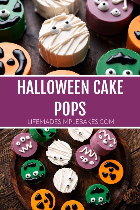 Fun, colorful, and full of spooky spirit. These festive Halloween Cake Pops can be made with any cake mix and are the cutest dessert for any creepy crawly gathering! Halloween Cake Puck, Halloween Popsicle Cake Pops, Halloween Cake Pucks, Halloween Cake Pops Recipe, Cake Pucks Recipe, Halloween Cake Pop Recipes, Puck Recipes, Cookie Dough Cake Pops, Cake Puck