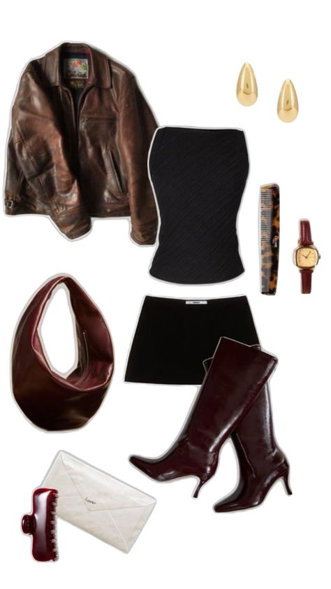 Leather jacket, brown jacket, brown leather jacket, top, tube top, boob tube, black top, black tube top, bandeau top, skirt, mini skirt, black mini skirt , boots, knee high boots, leather boots, red boots, bag, shoulder bag, handbag, brown bag, brown shoulder bag, watch, red watch, earrings, gold earrings, teardrop earrings, comb, claw grip, Outfit Ideas Night Out, Night Out Outfit Classy, Going Out Outfit, Teen Swag Outfits, Nashville Outfits, Aesthetic Outfit Ideas, Causal Outfits, Simple Trendy Outfits, Going Out Outfits