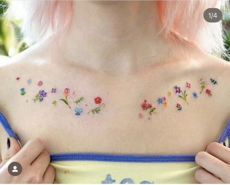 IMG_1825 ‣ Sincere Whisper Color Freckles Tattoo, Colorful Patchwork Tattoos, Simple Cottagecore Tattoo Ideas, Tiny Flowers Tattoo, Colorful Small Flower Tattoo, Colorful Chest Tattoo, Cottage Core Fairy Tattoo, Rainbow Freckles Tattoo, Cute Colorful Tattoos