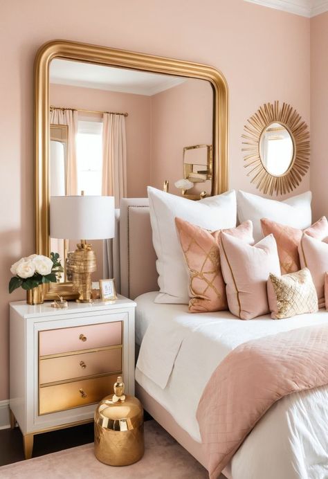 Transform your room with these 49 pink bedroom ideas! From soft blush to bold tones, find the perfect pink for your space. 🌸 #PinkBedroom #HomeDecor Rose Gold And Pink Bedroom Ideas, Blush Color Bedroom Ideas, Pink White And Gold Apartment, Blush And Tan Bedroom, Pink Tan And White Bedroom, Champagne Pink Bedroom, Plush Pink Bedroom, Bedrooms With Pink Accents, Pink Room Makeover Ideas