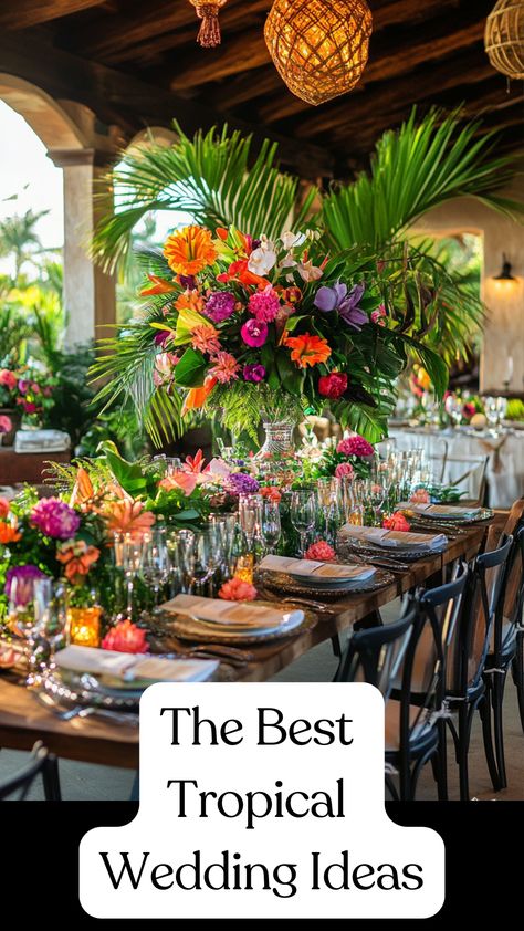 Tropical wedding venue decorated with lush greenery, vibrant flowers, and elegant beach-inspired details, creating an enchanting oasis atmosphere. Tropical Beach Wedding Decorations, Tropical Wedding Theme Table Decor, Destination Wedding Colors Beach, Tropical Glam Wedding Decor, Wedding Decorations Tropical, Paradise Theme Party, Tropical Minimalist Wedding, Tropical Centerpieces Wedding, Hawaiian Wedding Decor