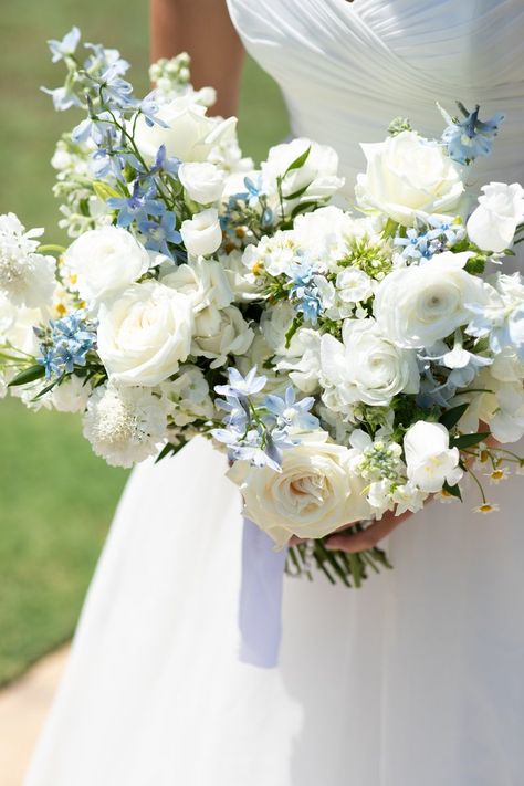 Lake Wedding Florals, Blue And White Tall Centerpiece, White Wedding Flowers With Pop Of Blue, Dusty Blue And White Bridal Bouquet, Coastal Grandmillenial Wedding, Mist Blue Wedding Theme, White And Blue Wedding Flowers Centerpieces, Dusty Blue Wedding Florals, Blue Accent Wedding