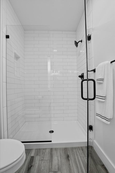 Tile Shower With Floor Pan, Tile Shower Ideas With Fiberglass Base, 4x16 Subway Tile Bathroom Showers, White Subway Tile Shower Black Fixtures, White Shower Pan With Tile Walls, Tile Shower With Fiberglass Base, 4x12 Subway Tile Bathroom, Shower Base With Tile Walls, Granny Bathroom