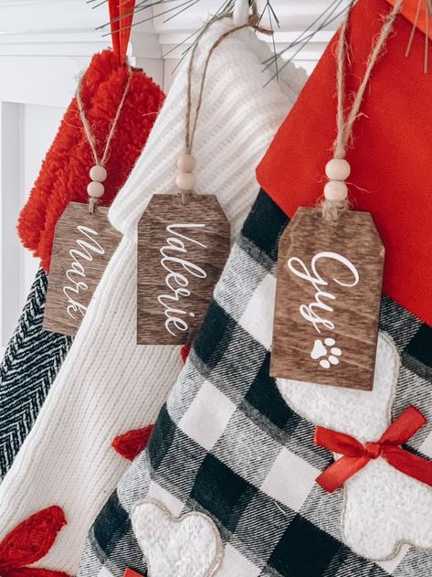 hand-crafted wooden stocking name tags over the mantle Wooden Stocking, Christmas Stocking Tags, Stocking Name Tags, Stocking Tags, Diy Stockings, Christmas Stockings Diy, Christmas Mantle, Wooden Tags, Diy Tags