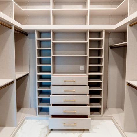 Walk-in Closet - JL Closets | Custom Closet Systems & Storage Solutions in South Florida Walk In Closet With Shelves, Classy Closets Walk In, Built In Shelves In Closet, Built In Closet Drawers, Closet Dresser Ideas, Teen Closet Ideas, Walk In Closet Shelving Ideas, Men’s Closet Layout, Closet Layout Ideas